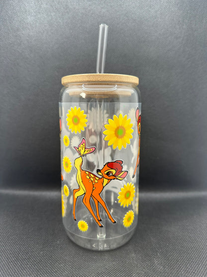 Cartoon Deer Sunflower 16oz Clear Glass Tumbler with Straw