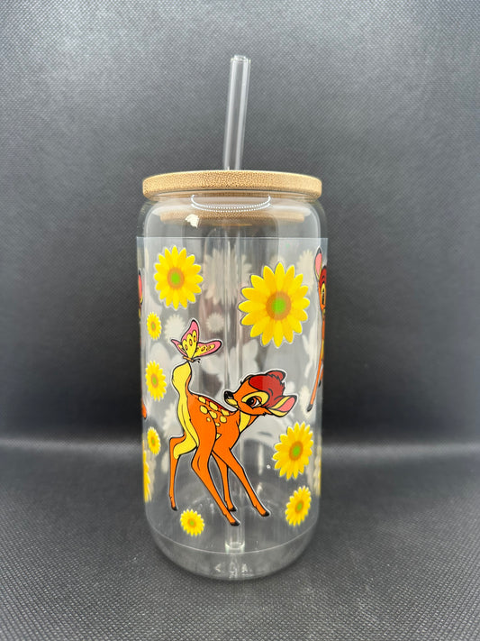 Cartoon Deer Sunflower 16oz Clear Glass Tumbler with Straw