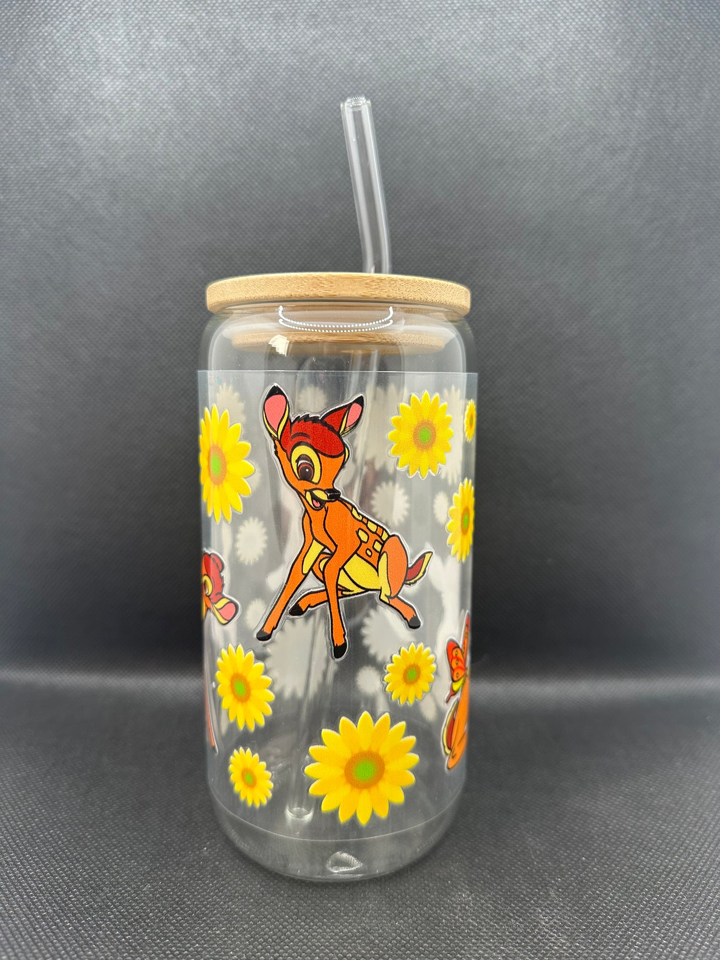 Cartoon Deer Sunflower 16oz Clear Glass Tumbler with Straw