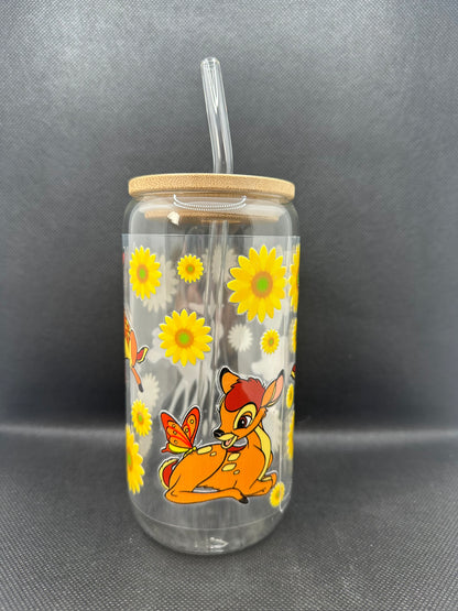 Cartoon Deer Sunflower 16oz Clear Glass Tumbler with Straw