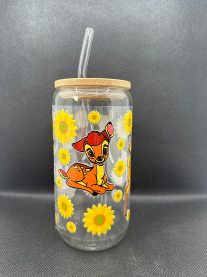 Cartoon Deer Sunflower 16oz Clear Glass Tumbler with Straw