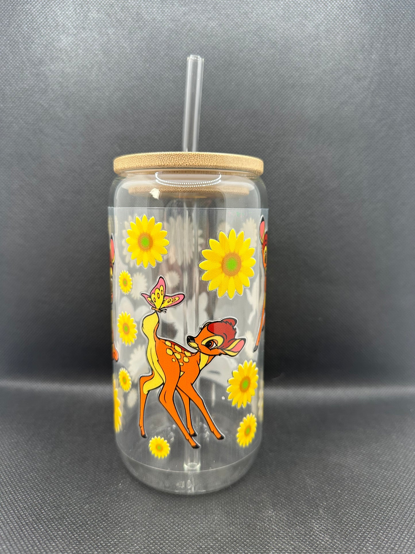 Cartoon Deer Sunflower 16oz Clear Glass Tumbler with Straw