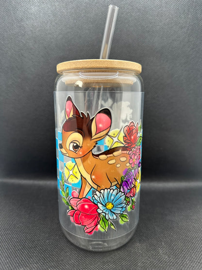 Cartoon Deer with Friends 16oz Clear Glass Tumbler with Straw