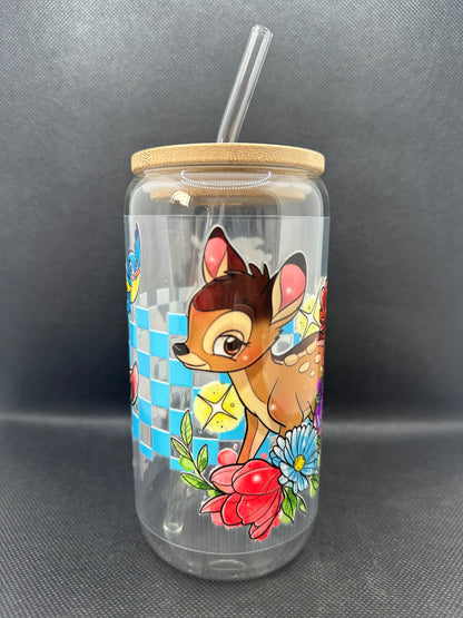 Cartoon Deer with Friends 16oz Clear Glass Tumbler with Straw