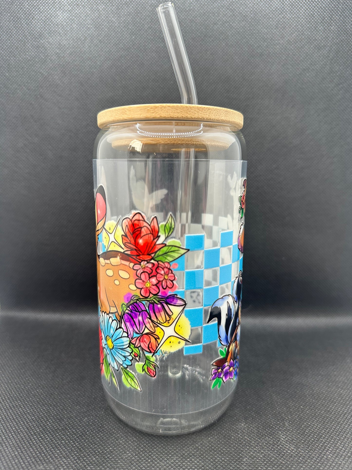Cartoon Deer with Friends 16oz Clear Glass Tumbler with Straw