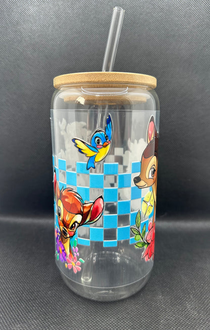 Cartoon Deer with Friends 16oz Clear Glass Tumbler with Straw