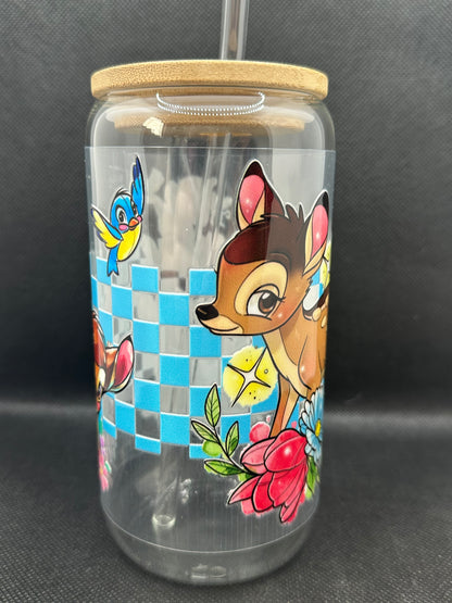 Cartoon Deer with Friends 16oz Clear Glass Tumbler with Straw