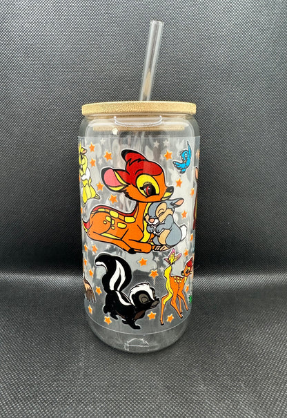 Cartoon Deer with Friends 16oz Clear Glass Tumbler with Straw