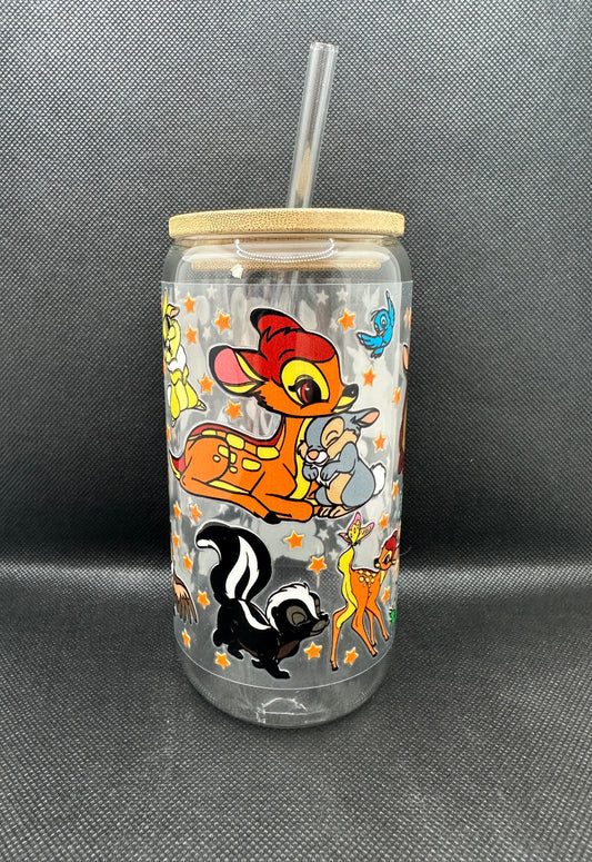 Cartoon Deer with Friends 16oz Clear Glass Tumbler with Straw