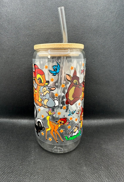 Cartoon Deer with Friends 16oz Clear Glass Tumbler with Straw
