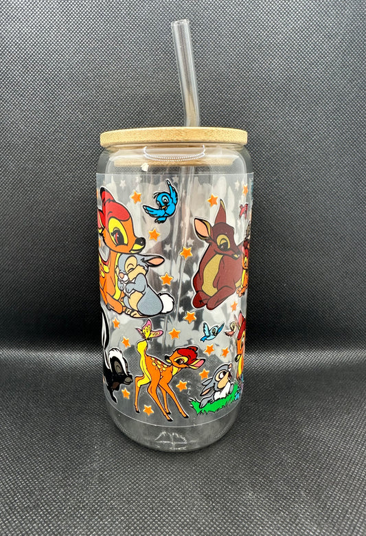 Cartoon Deer with Friends 16oz Clear Glass Tumbler with Straw