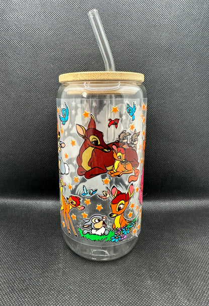 Cartoon Deer with Friends 16oz Clear Glass Tumbler with Straw