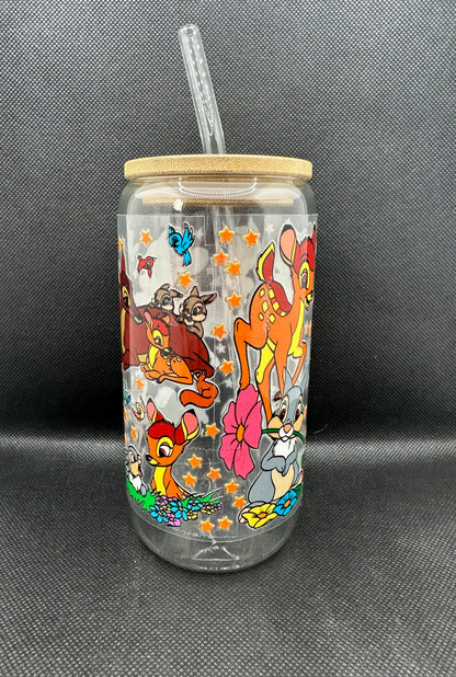 Cartoon Deer with Friends 16oz Clear Glass Tumbler with Straw