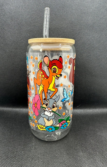Cartoon Deer with Friends 16oz Clear Glass Tumbler with Straw