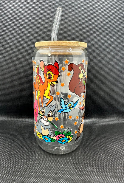 Cartoon Deer with Friends 16oz Clear Glass Tumbler with Straw