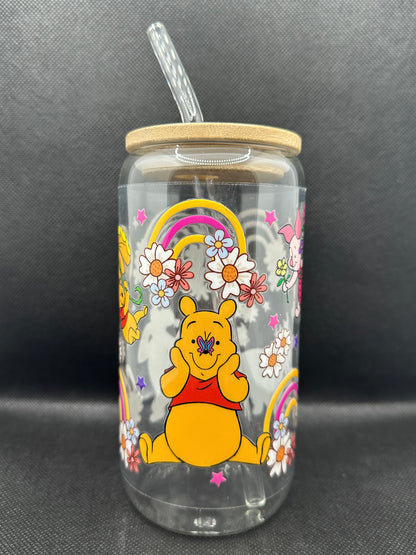 Cartoon Bear with Friends Floral 16oz Clear Glass Tumbler with Straw