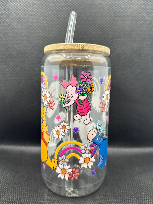 Cartoon Bear with Friends Floral 16oz Clear Glass Tumbler with Straw