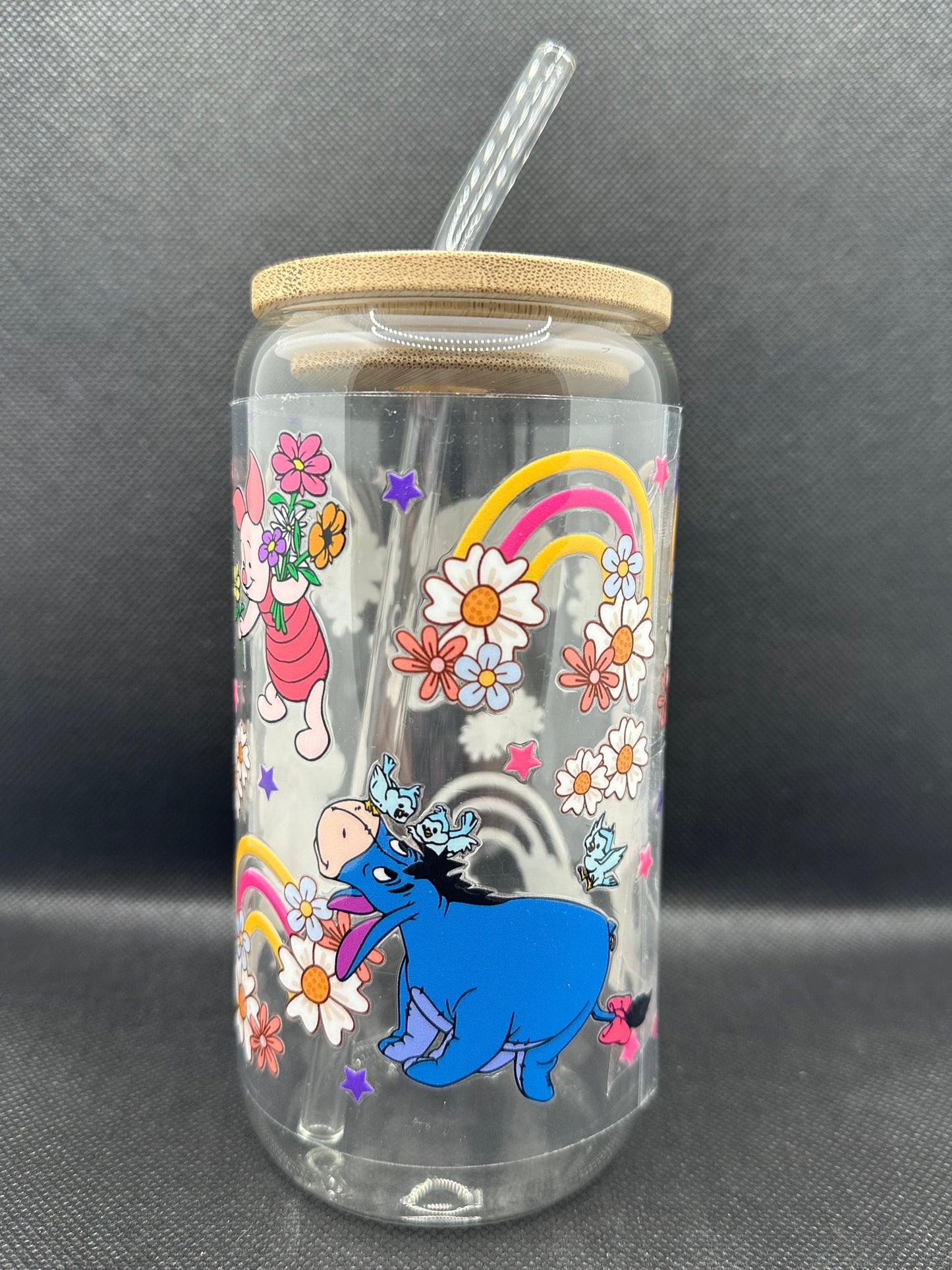 Cartoon Bear with Friends Floral 16oz Clear Glass Tumbler with Straw