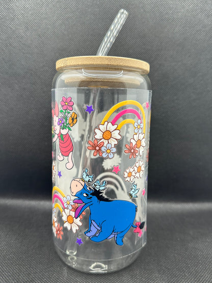 Cartoon Bear with Friends Floral 16oz Clear Glass Tumbler with Straw