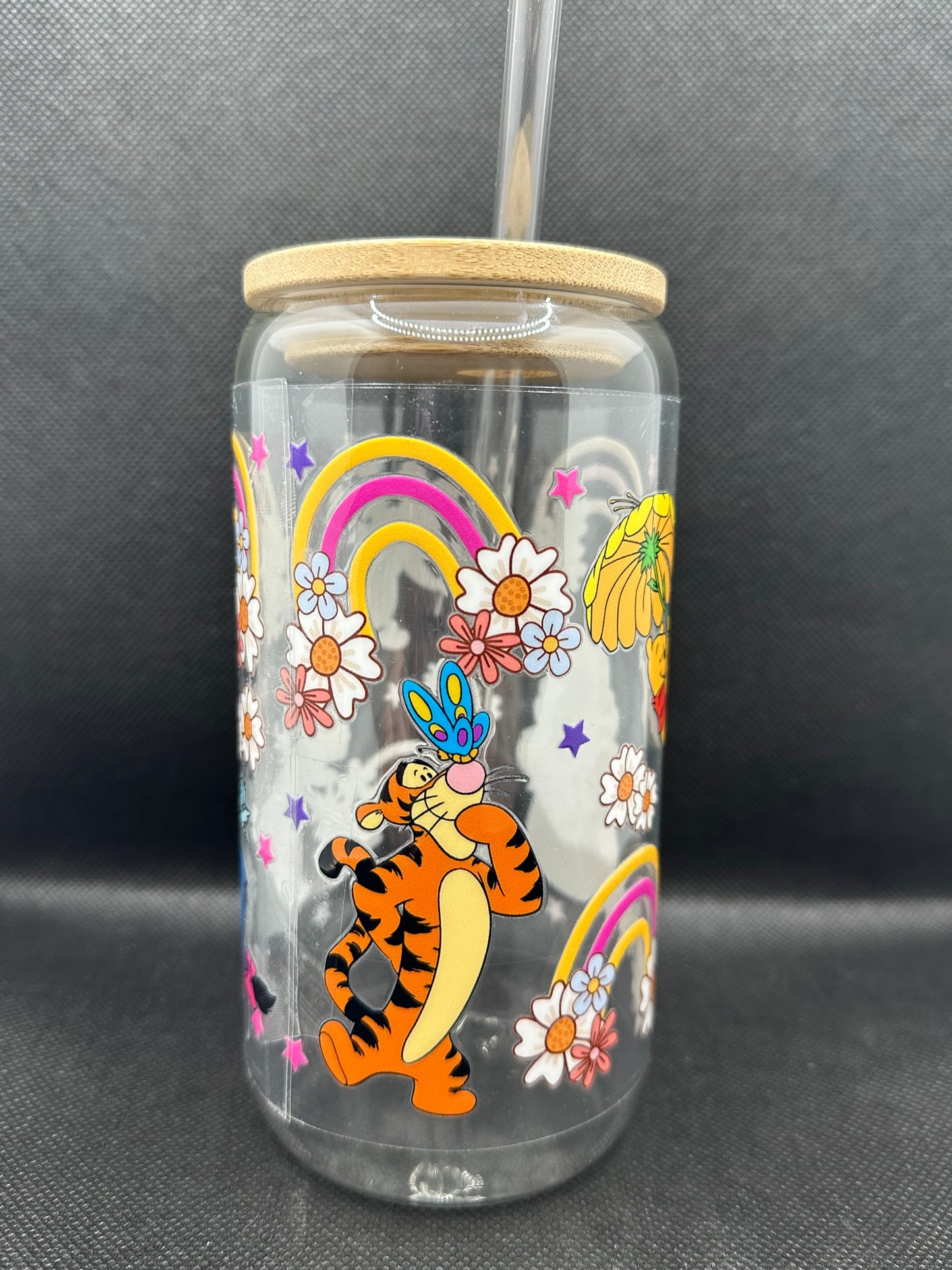 Cartoon Bear with Friends Floral 16oz Clear Glass Tumbler with Straw