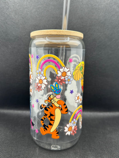 Cartoon Bear with Friends Floral 16oz Clear Glass Tumbler with Straw