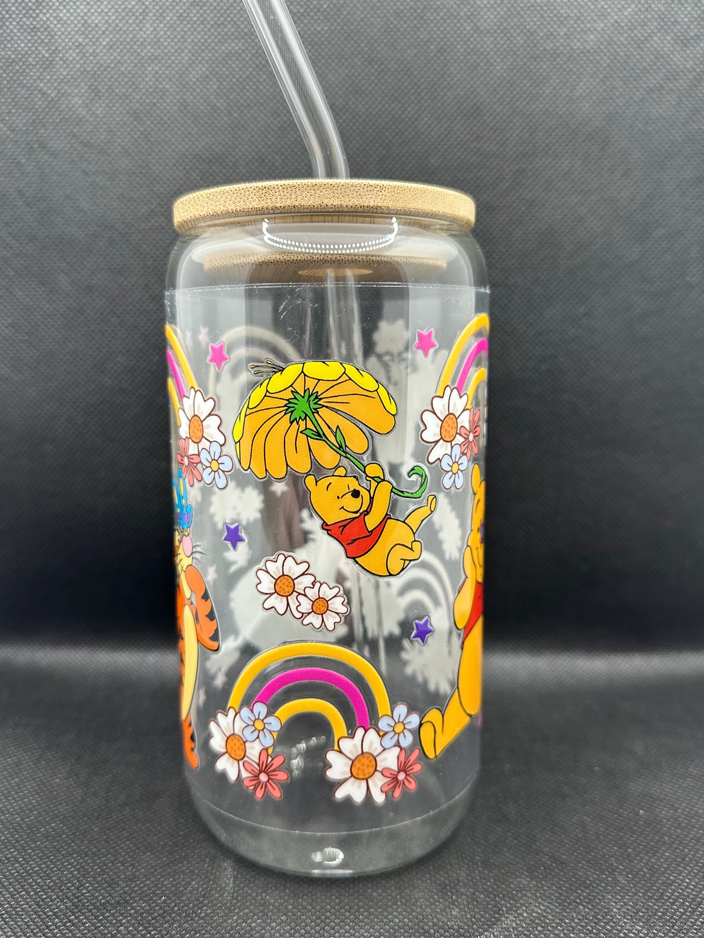 Cartoon Bear with Friends Floral 16oz Clear Glass Tumbler with Straw