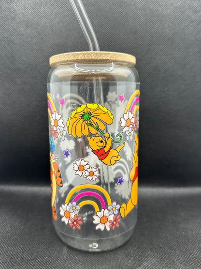 Cartoon Bear with Friends Floral 16oz Clear Glass Tumbler with Straw