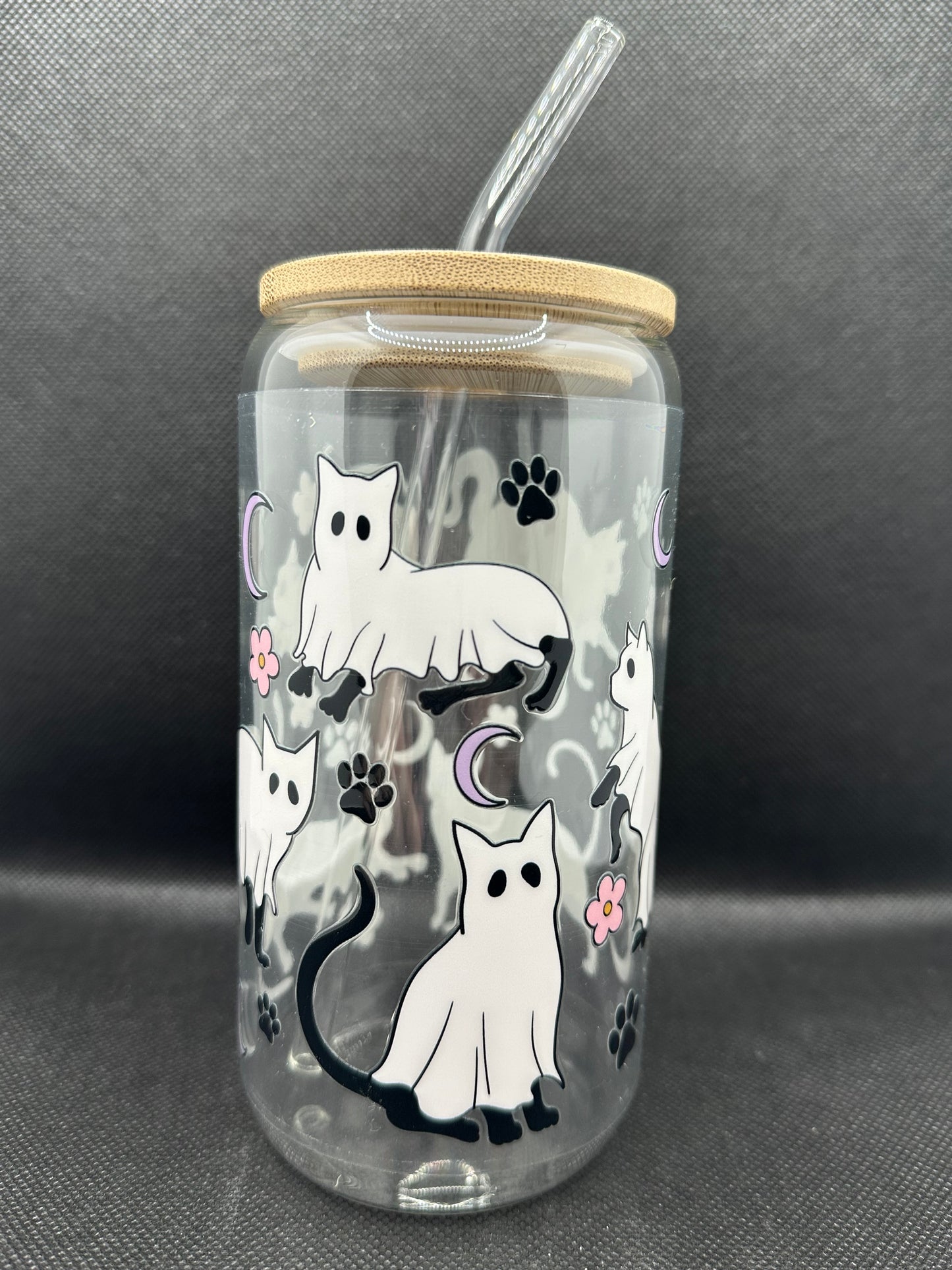 Cute Ghost Cats 16oz Glass Tumbler with Straw