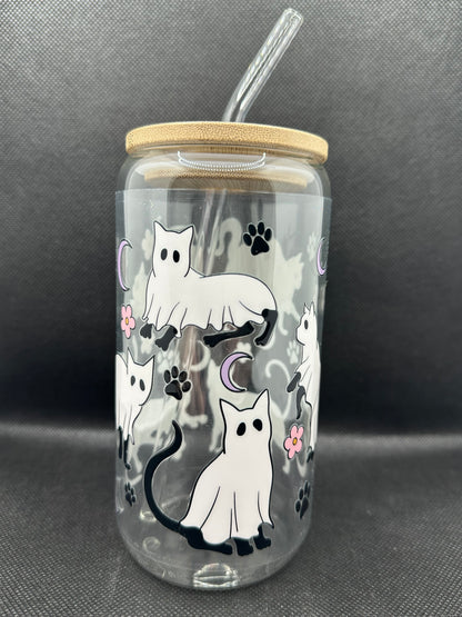 Cute Ghost Cats 16oz Glass Tumbler with Straw