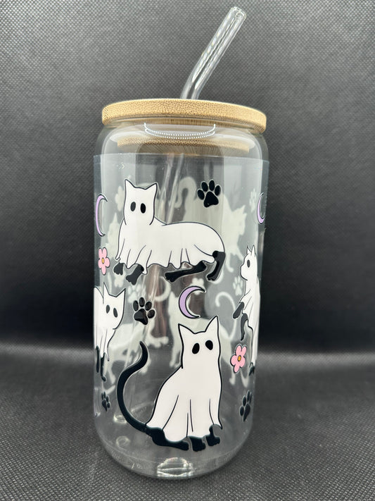 Cute Ghost Cats 16oz Glass Tumbler with Straw