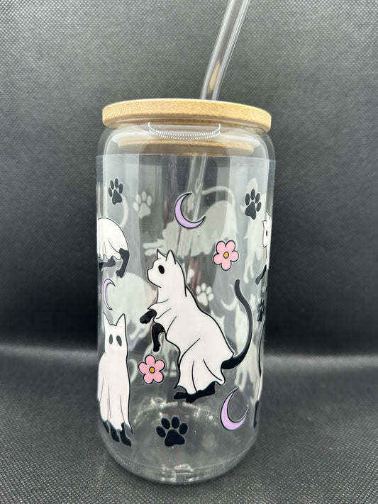 Cute Ghost Cats 16oz Glass Tumbler with Straw