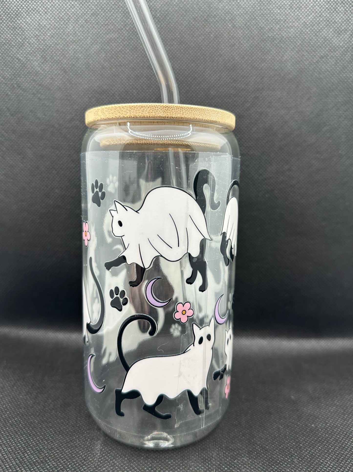 Cute Ghost Cats 16oz Glass Tumbler with Straw