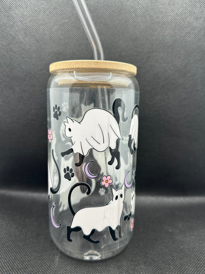 Cute Ghost Cats 16oz Glass Tumbler with Straw