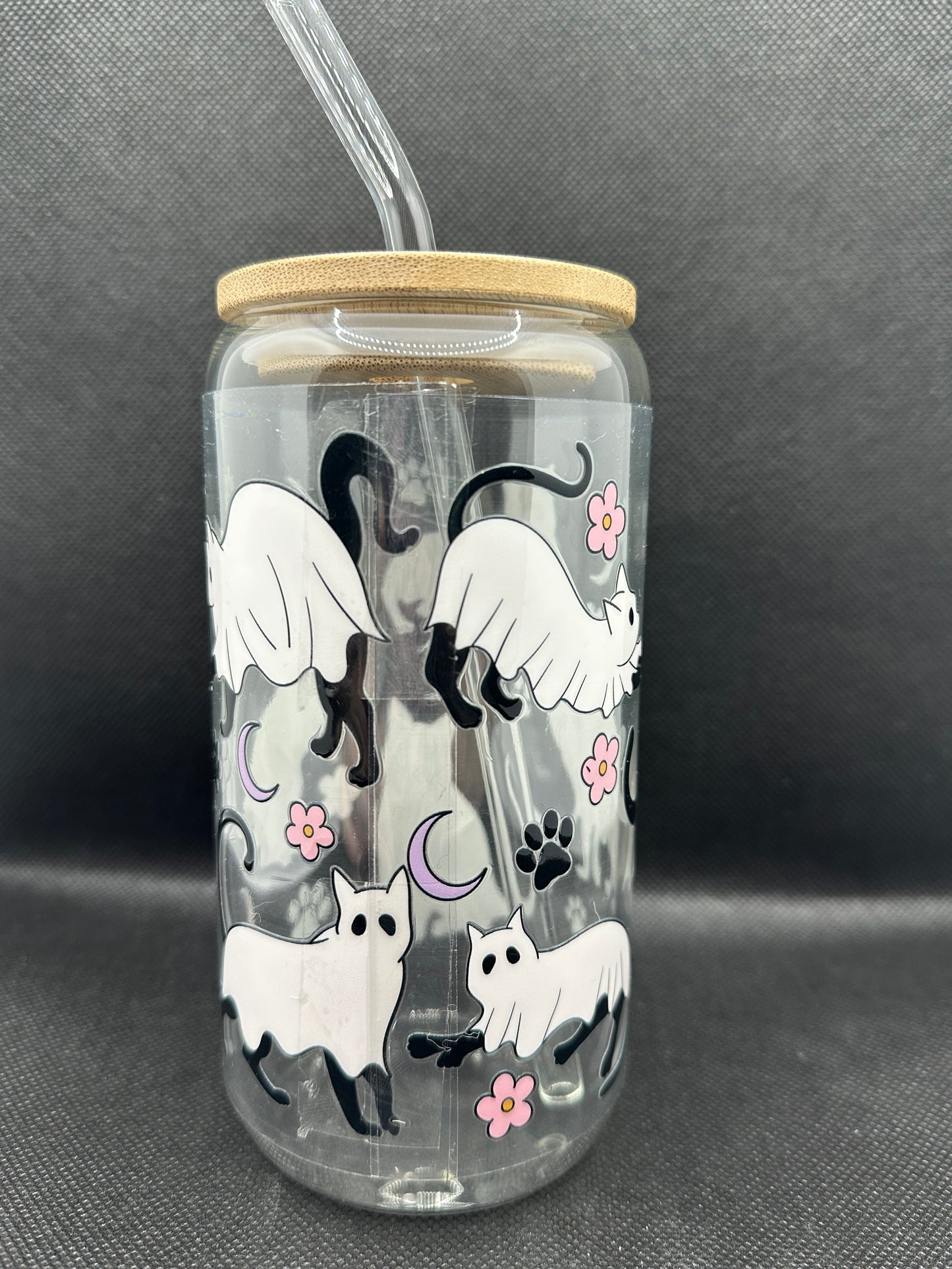 Cute Ghost Cats 16oz Glass Tumbler with Straw