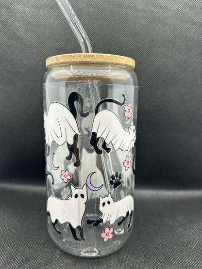 Cute Ghost Cats 16oz Glass Tumbler with Straw
