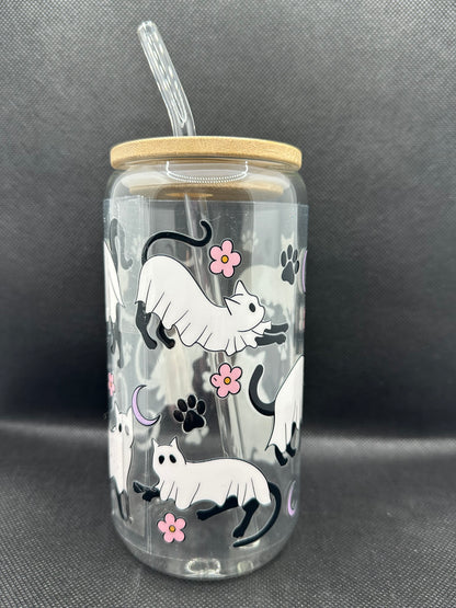 Cute Ghost Cats 16oz Glass Tumbler with Straw