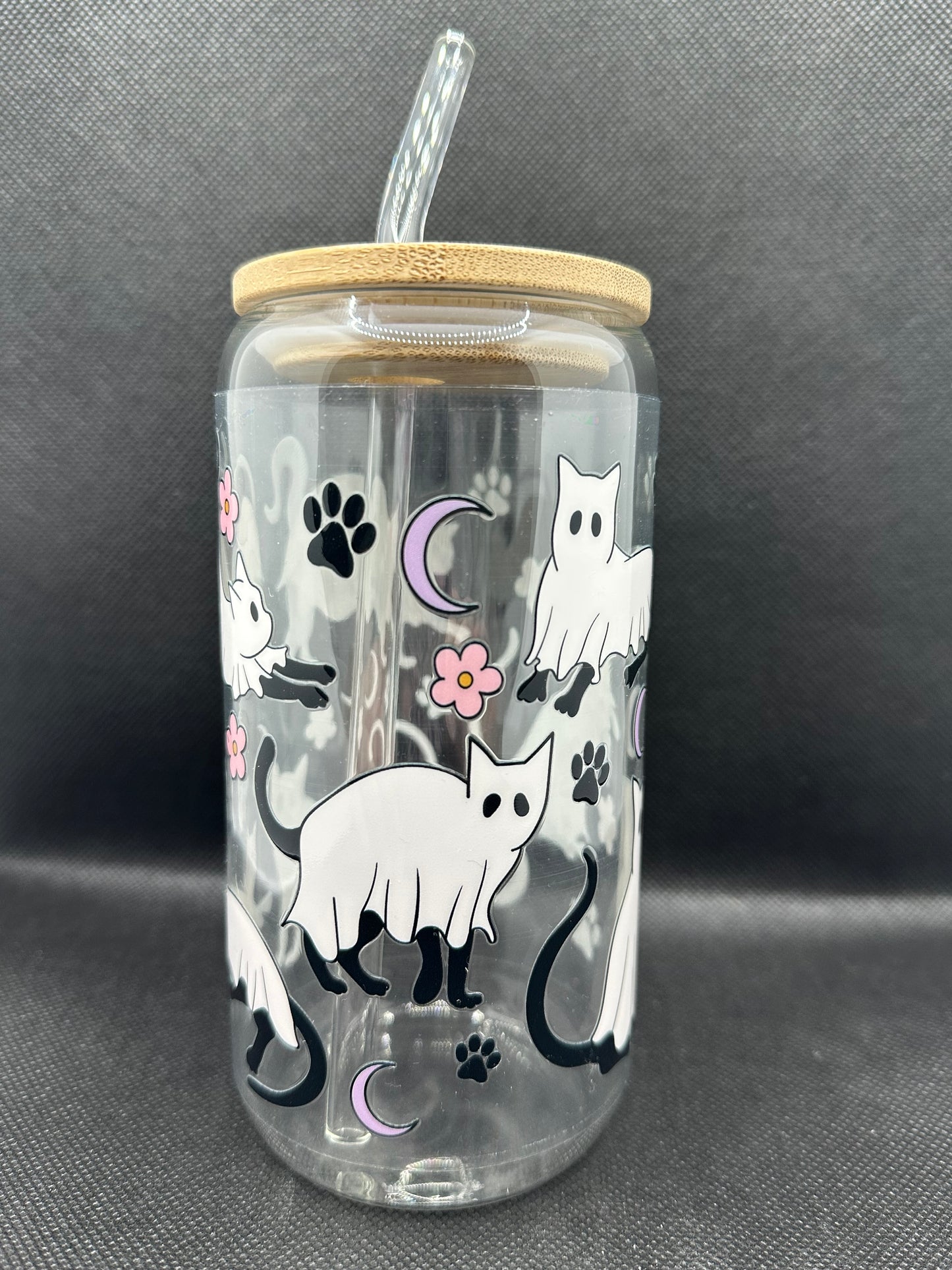 Cute Ghost Cats 16oz Glass Tumbler with Straw