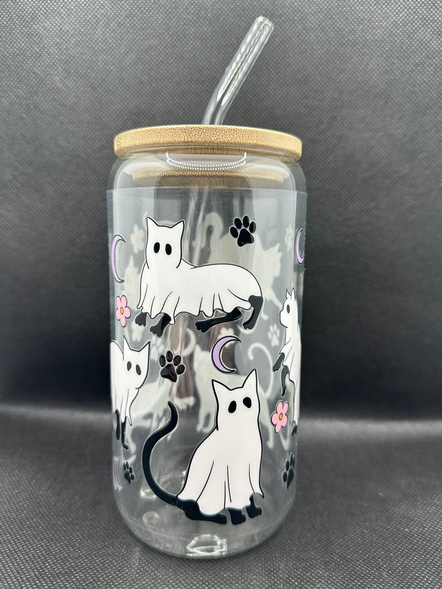 Cute Ghost Cats 16oz Glass Tumbler with Straw
