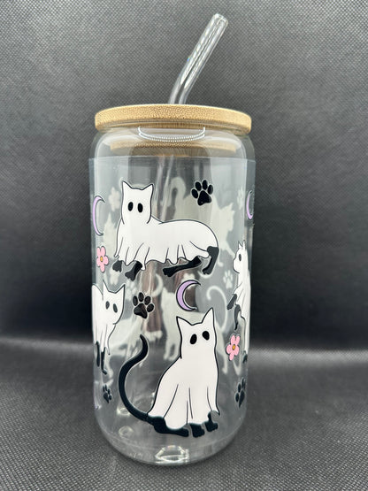 Cute Ghost Cats 16oz Glass Tumbler with Straw
