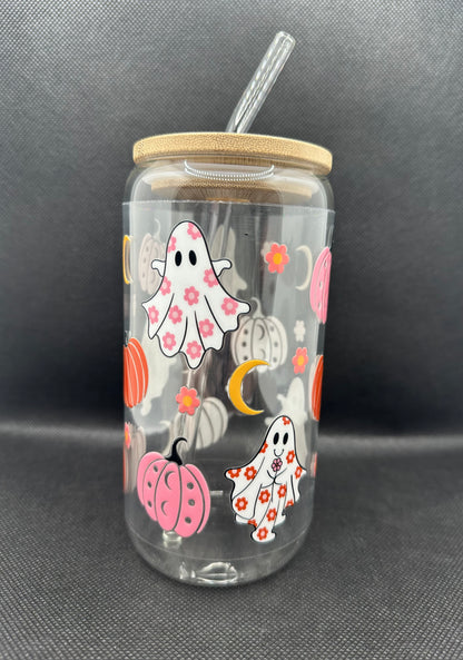 Pumpkin Ghosts Moon 16oz Glass Tumbler with Straw