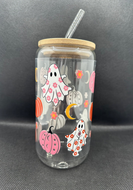 Pumpkin Ghosts Moon 16oz Glass Tumbler with Straw