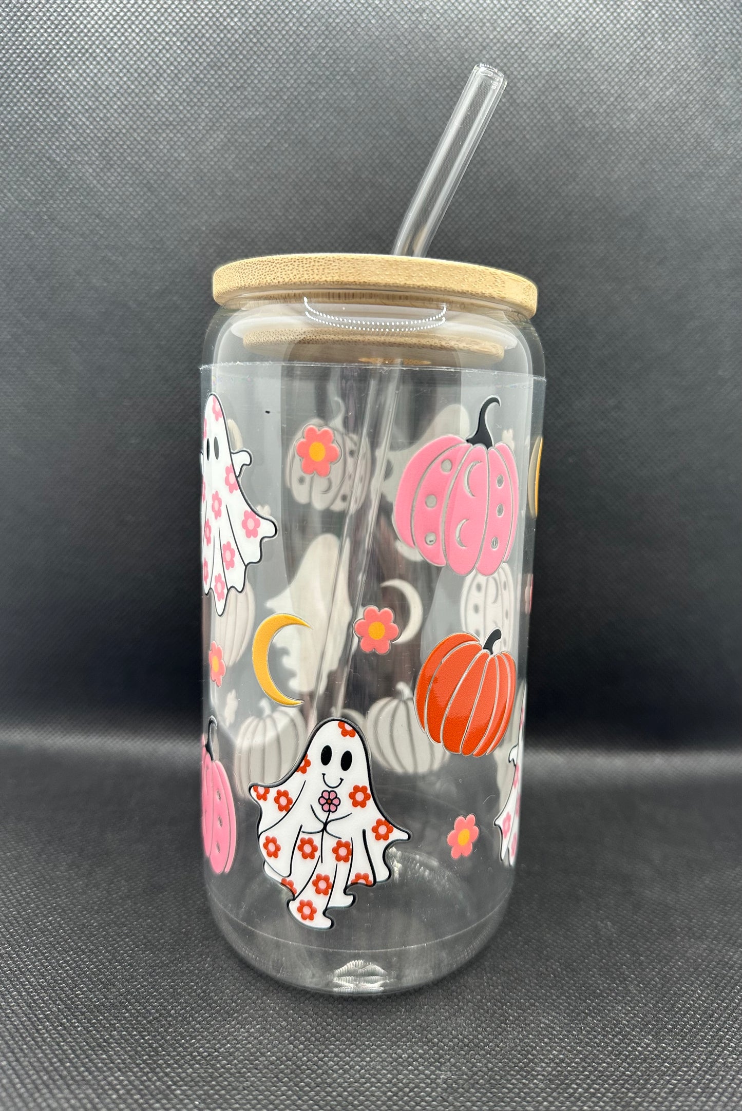 Pumpkin Ghosts Moon 16oz Glass Tumbler with Straw