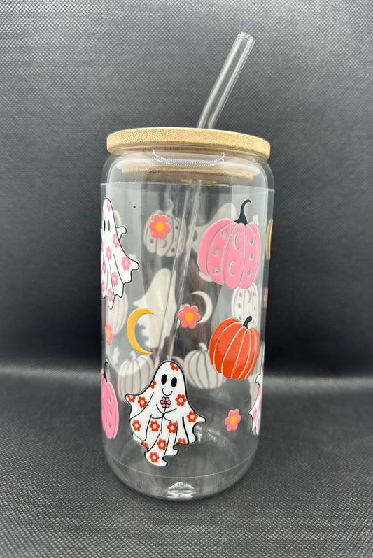 Pumpkin Ghosts Moon 16oz Glass Tumbler with Straw