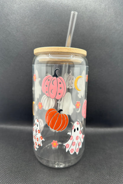 Pumpkin Ghosts Moon 16oz Glass Tumbler with Straw