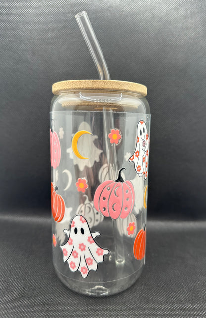 Pumpkin Ghosts Moon 16oz Glass Tumbler with Straw