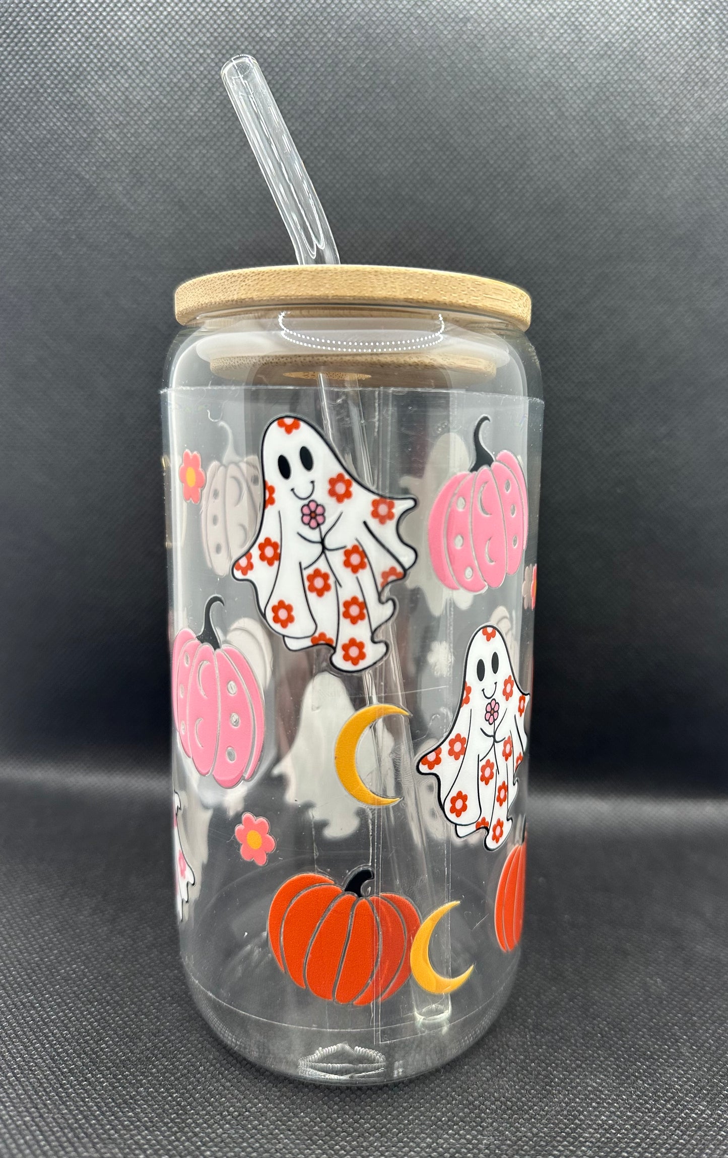 Pumpkin Ghosts Moon 16oz Glass Tumbler with Straw