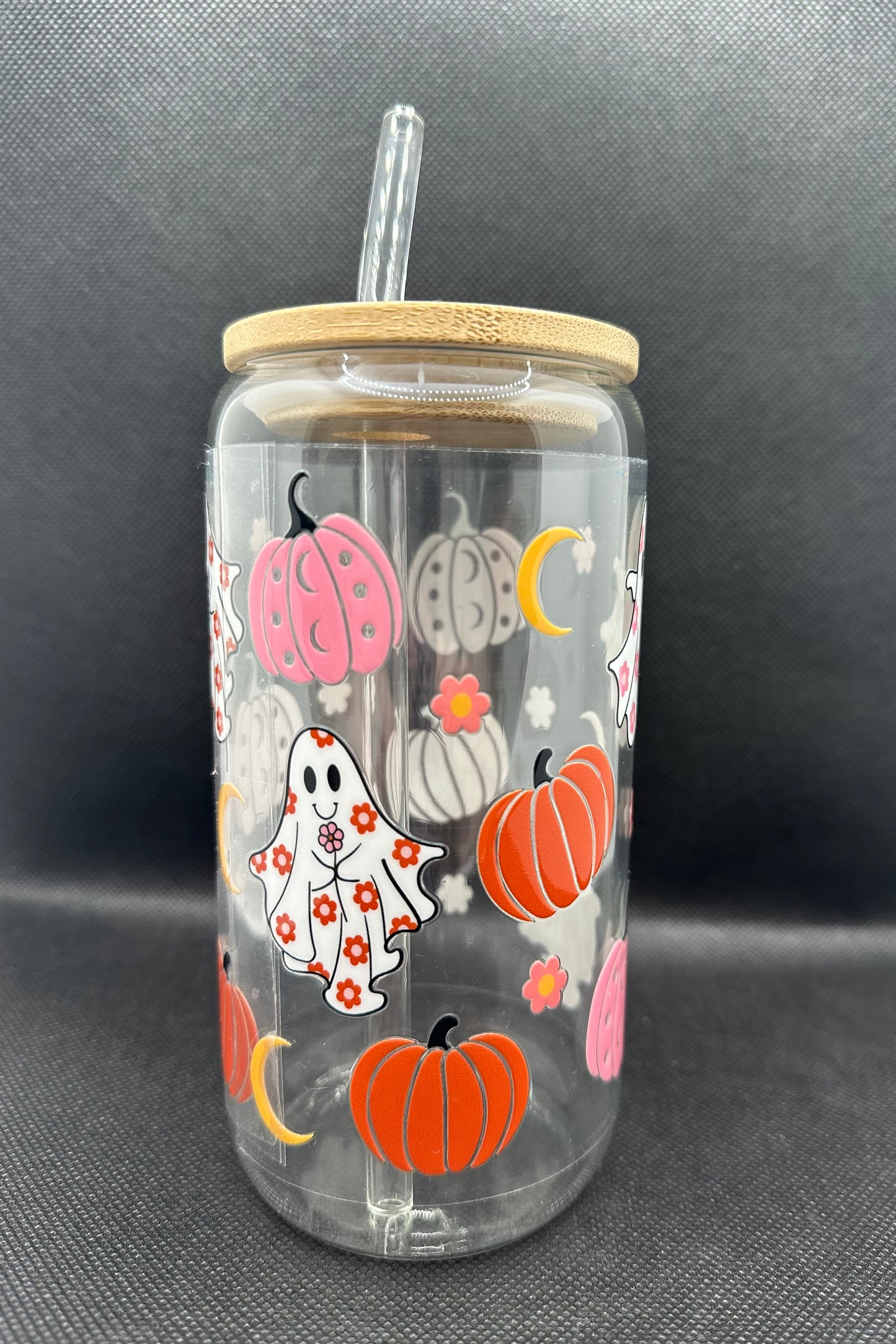 Pumpkin Ghosts Moon 16oz Glass Tumbler with Straw