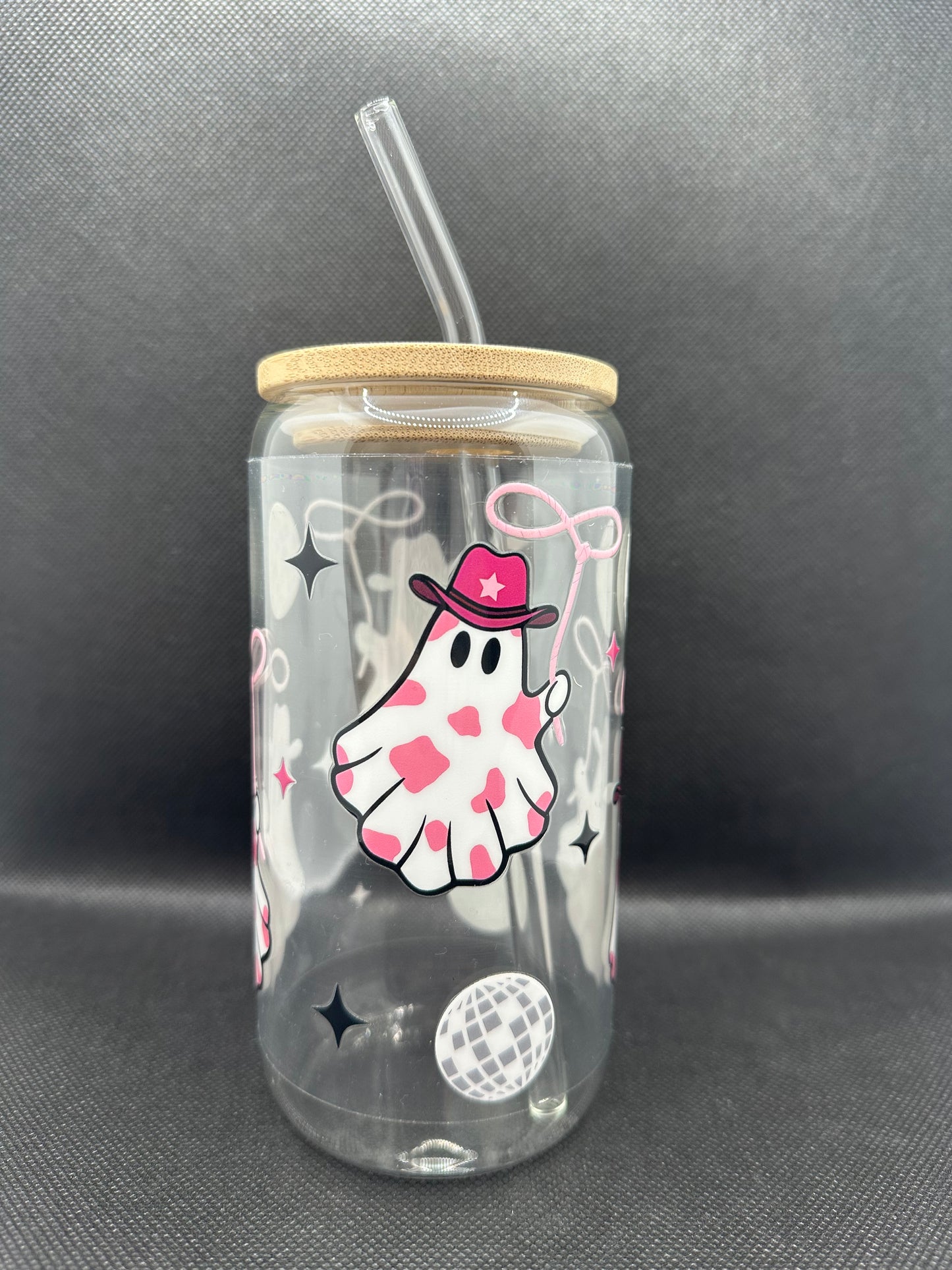 Cute Disco Cowgirl Ghosts 16oz Glass Tumbler with Straw