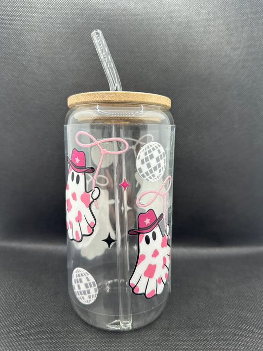 Cute Disco Cowgirl Ghosts 16oz Glass Tumbler with Straw