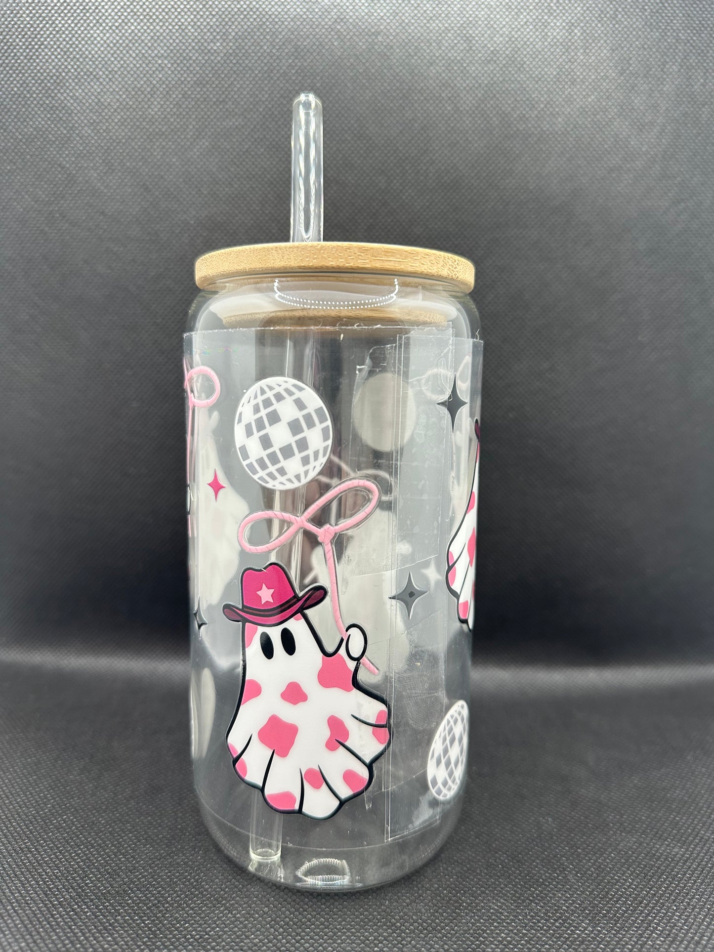 Cute Disco Cowgirl Ghosts 16oz Glass Tumbler with Straw